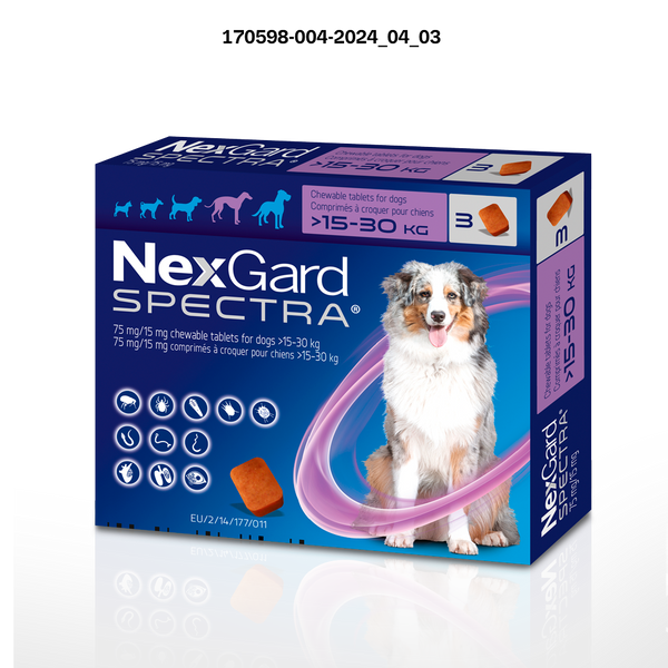 NEXGARD SPECTRAⓇ 75 mg / 15 mg comprimés à croquer pour chiens > 15 – 30 kg