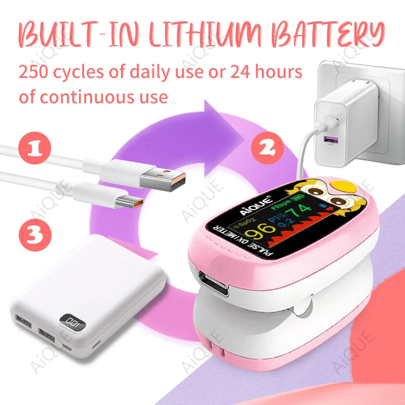 AiQUE dessin animé doigt oxymètre de pouls hibou Rechargeable infantile sang oxygène saturation mètre adulte enfant enfants Oximetro SPO2 TFT