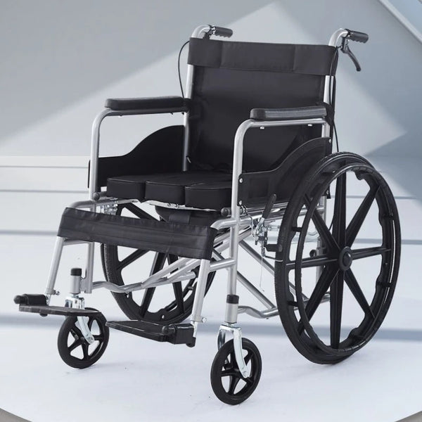 Fauteuil roulant pliable léger, siège souple, chaise de mobilité manuelle, système de freinage à quatre roues, tissu respirant, cadre en acier