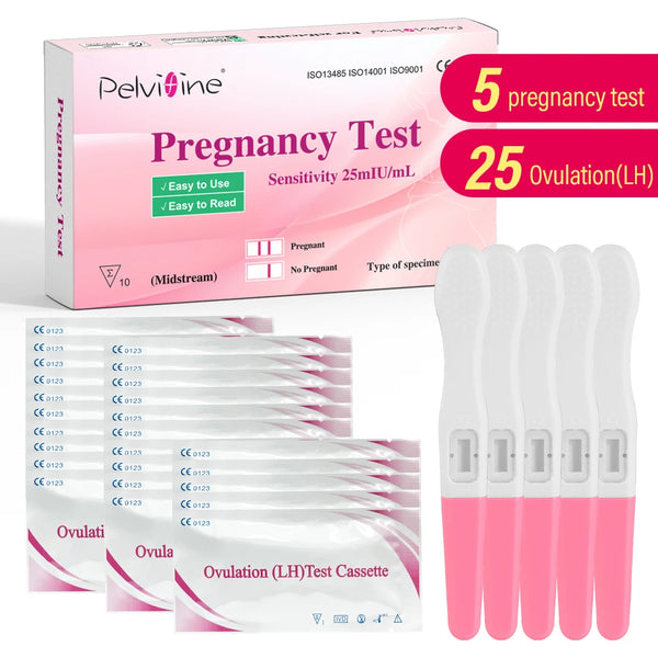 Kit de bandelettes de test d'ovulation et de grossesse Pelvifine : 25 bandelettes d'ovulation et 5 bâtons de test de grossesse - Traqueur précis de fertilité