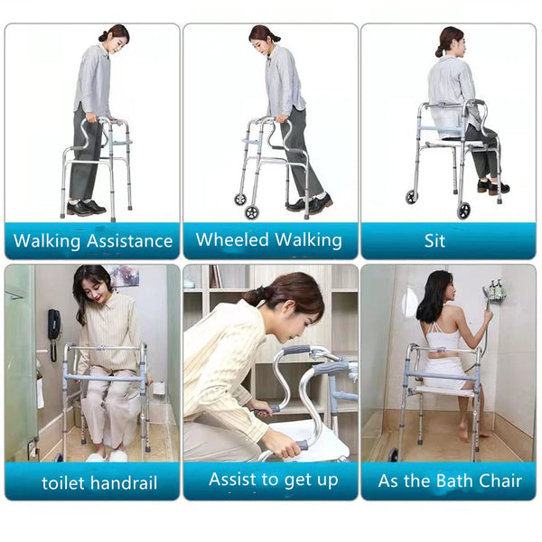 Marcheur pliable pour personnes âgées, aide à la marche réglable, cadre en alliage d'aluminium sur pied, coussin de bain de repos, rouleau pour handicapés