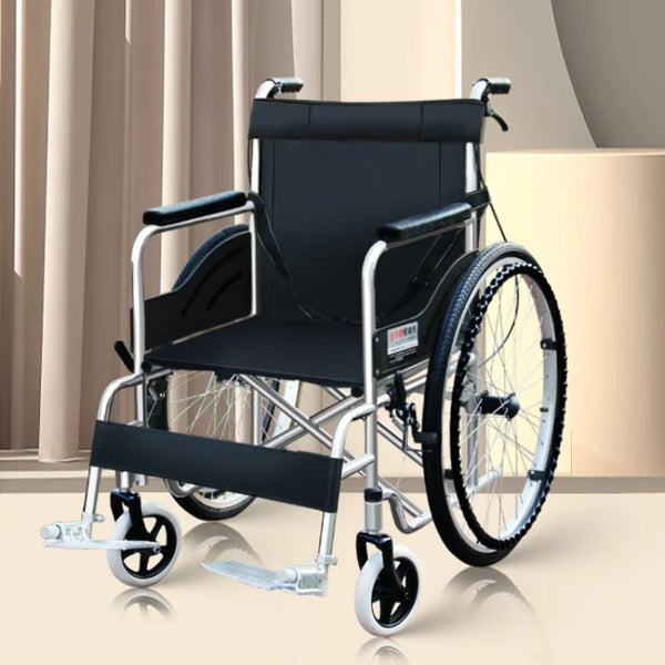 Fauteuil roulant manuel pliable, chaise légère avec cadre en acier au carbone pour personnes âgées, coussin respirant, facile à transporter, charge de 100 kg