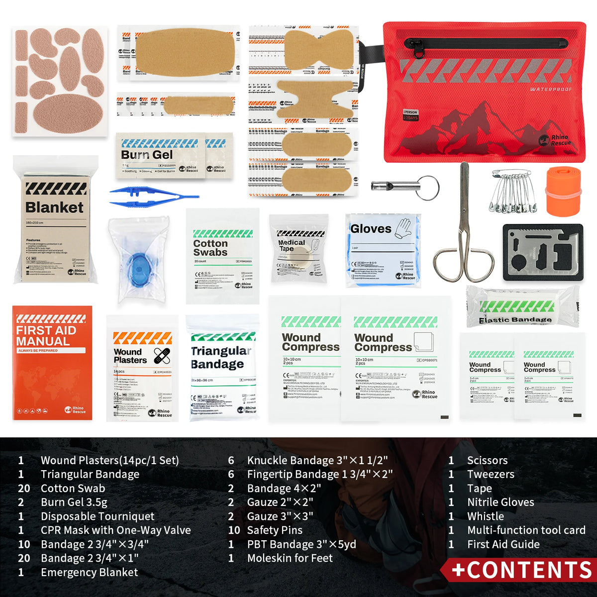 Rhino Rescue Petit trousse de premiers secours – Kit médical ultraléger et étanche pour randonnée, sac à dos, cyclisme, véhicules de voyage