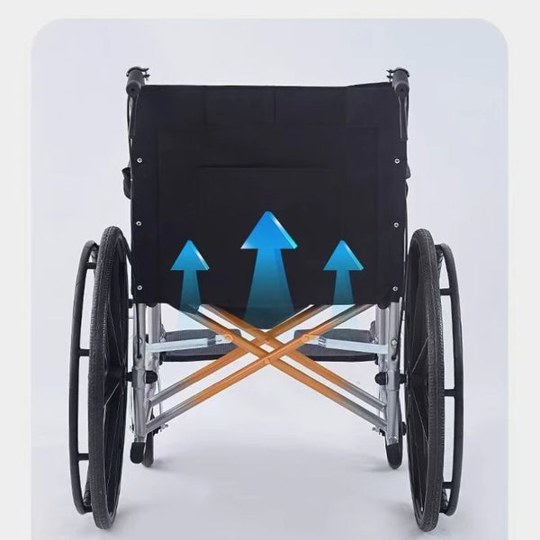Fauteuil roulant pliable léger, siège souple, chaise de mobilité manuelle, système de freinage à quatre roues, tissu respirant, cadre en acier