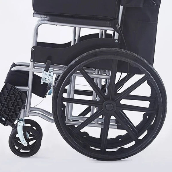 Fauteuil roulant pliable léger, siège souple, chaise de mobilité manuelle, système de freinage à quatre roues, tissu respirant, cadre en acier