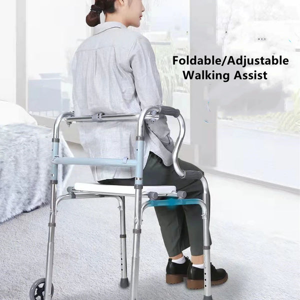 Marcheur pliable pour personnes âgées, aide à la marche réglable, cadre en alliage d'aluminium sur pied, coussin de bain de repos, rouleau pour handicapés