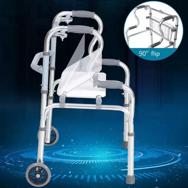 Marcheur pliable pour personnes âgées, aide à la marche réglable, cadre en alliage d'aluminium sur pied, coussin de bain de repos, rouleau pour handicapés